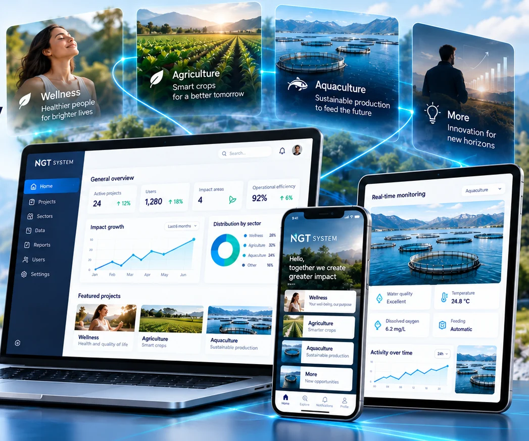 NGT SYSTEM platform on laptop, tablet and phone for wellness, agriculture and aquaculture